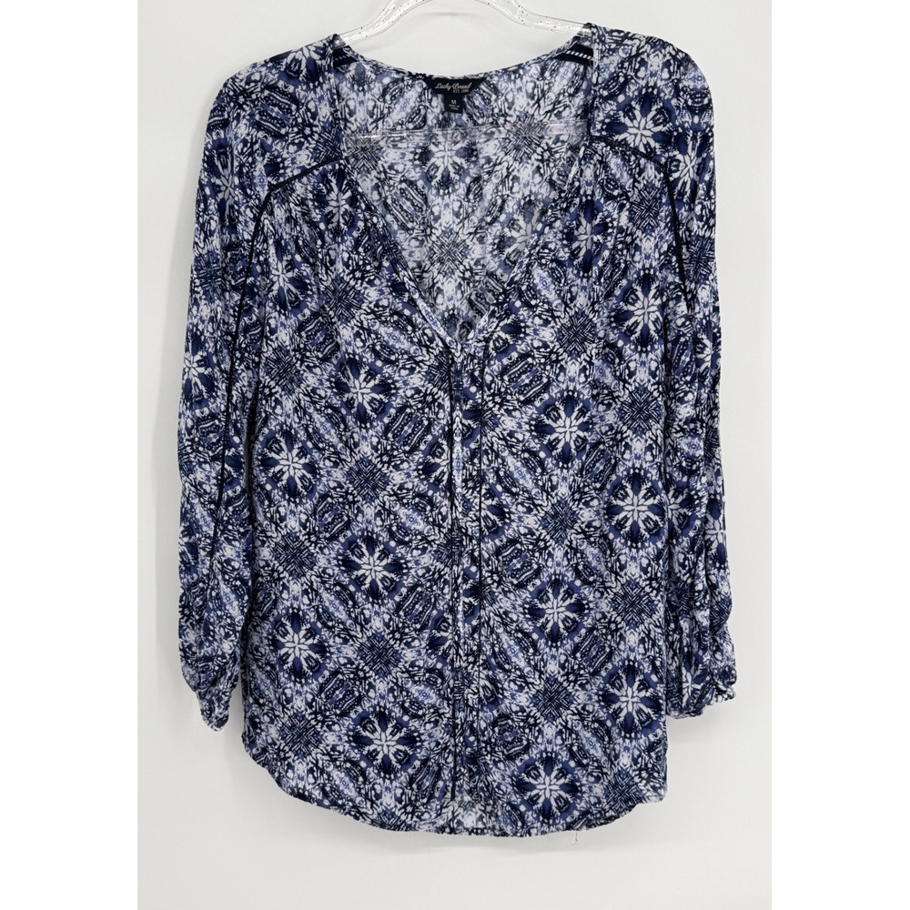 Lucky Brand Womens Blue White Geometric Tile Print Split V-Neck Boho Blouse Sz M